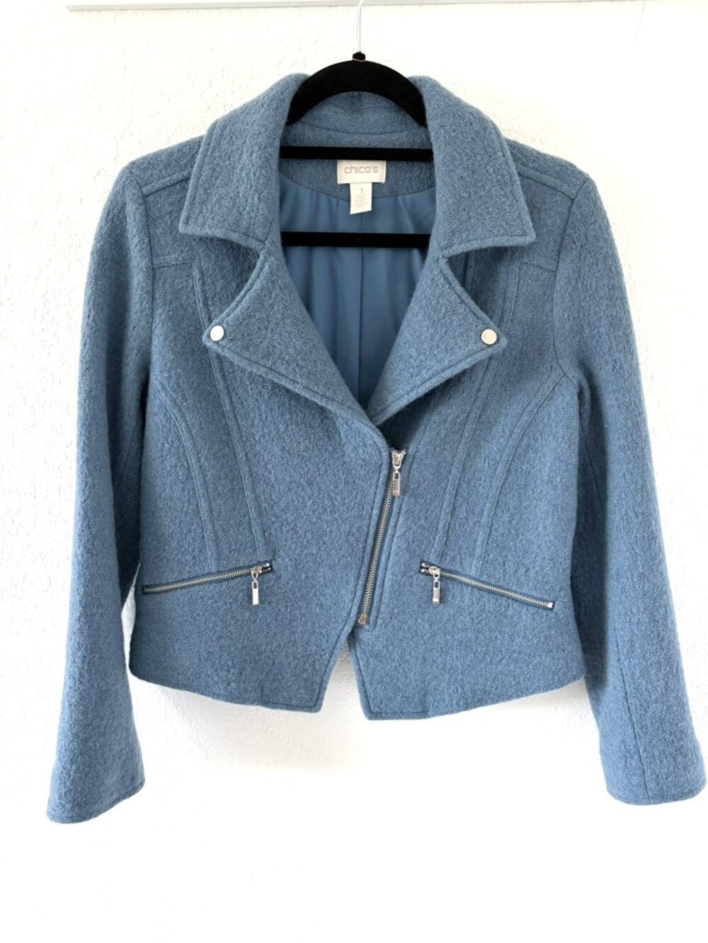 Chico's Boiled Wool Blue Moto Jacket